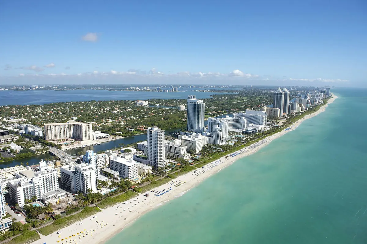 Miami Beach hotels and the turquoise Atlantic seen from the air