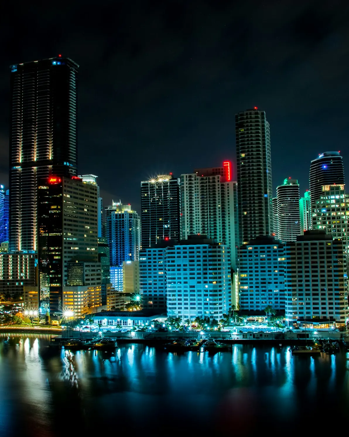 Downtown Miami towers lit up at night